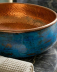 Handmade Blue Patina Copper Vessel Sink with Hammered Interior