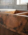 Double Bowl Hammered Copper Farmhouse Sink with Riveted Apron