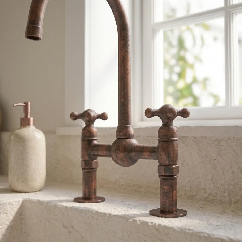 Handmade Aged Copper Bridge Kitchen Faucet with Side Sprayer