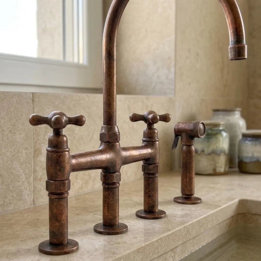 Rustic Copper Kitchen Mixer Tap with Pull-Out Side Sprayer