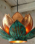 Handmade Hammered Copper Lotus Pendant Light with Verdigris Patina