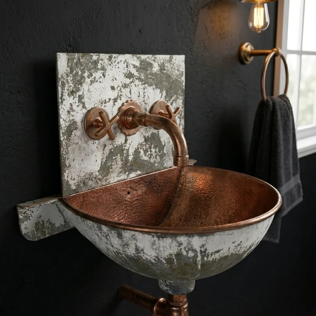 Rustic Wall Mount Copper Bathroom Sink with Hammered Basin
