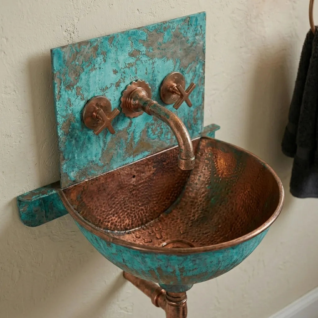 Verdigris Copper Wall Mount Sink with Rustic Faucet