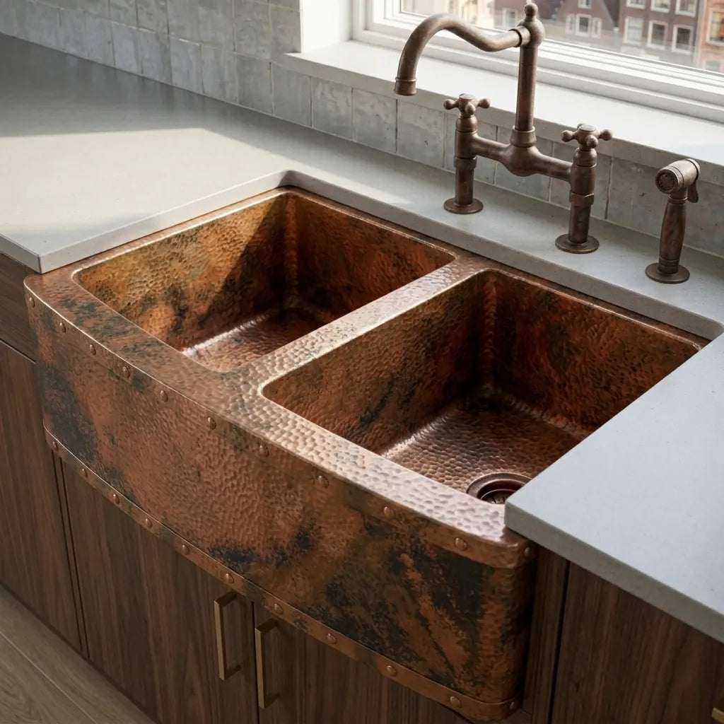 Double Bowl Hammered Copper Farmhouse Sink with Riveted Apron