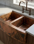 Double Bowl Hammered Copper Farmhouse Sink with Riveted Apron