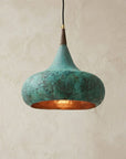 Handmade Verdigris Copper Pendant Light with Wood Accent