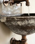 Distressed White Copper Wall Sink with Aged Copper Faucet
