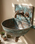 Verdigris Copper Wall Mount Sink with Vintage Cross Faucet