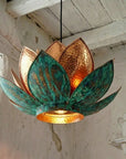 Handmade Hammered Copper Lotus Pendant Light with Verdigris Patina