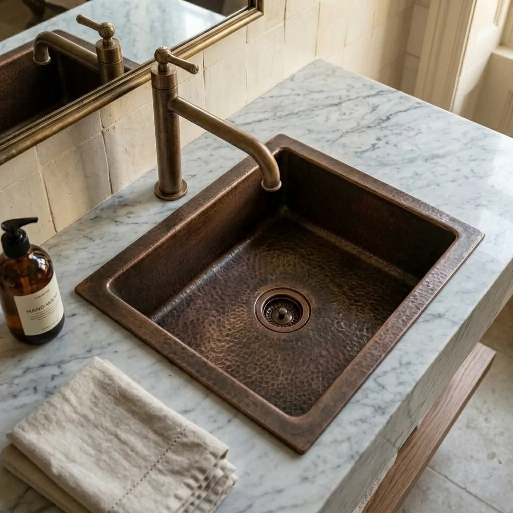 Hammered Copper Drop-In Bathroom Sink with Aged Finish
