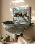 Verdigris Copper Wall Mount Sink with Vintage Cross Faucet