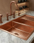 Hammered Copper Double Bowl Kitchen Sink with Built-In Drainboard