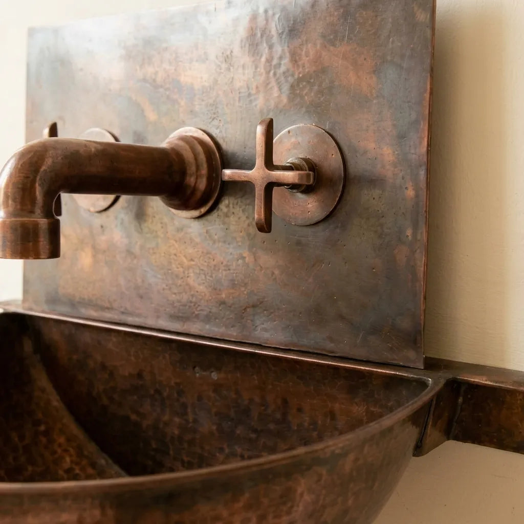 Rustic Copper Wall Mount Sink with Faucet and Patina Basin