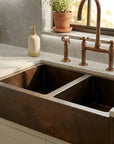 Hammered Copper Double Bowl Farmhouse Apron Kitchen Sink