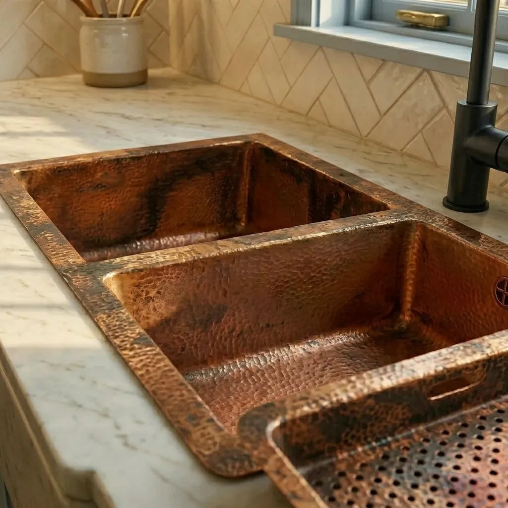 Hammered Copper Double Basin Kitchen Sink with Raised Drying Tray