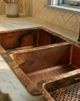 Hammered Copper Double Basin Kitchen Sink with Raised Drying Tray