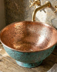 Engraved Verdigris Copper Vessel Sink – Rustic Vanity Bowl