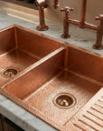 Hammered Copper Double Bowl Kitchen Sink with Built-In Drainboard