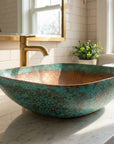 Oxidized Copper Vessel Sink with Rustic Hammered Patina Finish