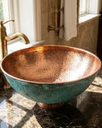 Copper Vessel Sink with Oxidized Finish – Round Hammered Bathroom Basin