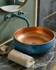 Handmade Blue Patina Copper Vessel Sink with Hammered Interior