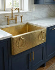Handmade Hammered Brass Apron Front Farmhouse Kitchen Sink with Ring Handles