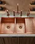 Hammered Copper Double Bowl Kitchen Sink with Built-In Drainboard