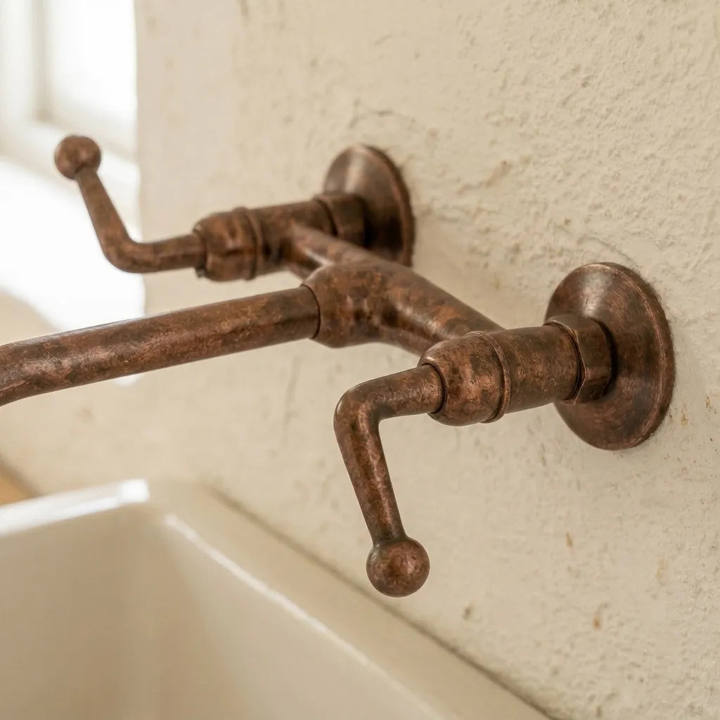 Rustic Aged Copper Wall Faucet with Crossbar Lever Handles
