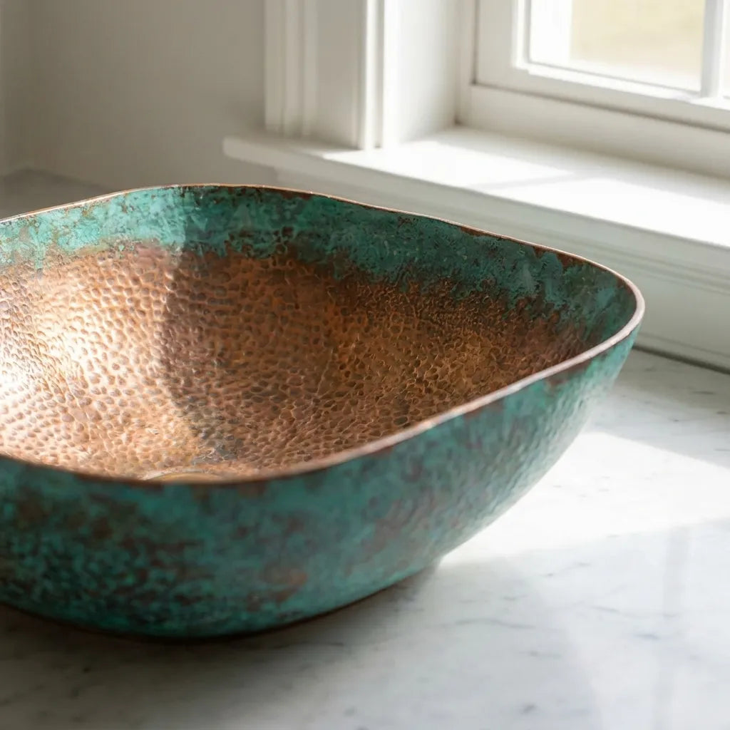 Oxidized Copper Vessel Sink with Rustic Hammered Patina Finish