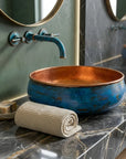 Handmade Blue Patina Copper Vessel Sink with Hammered Interior