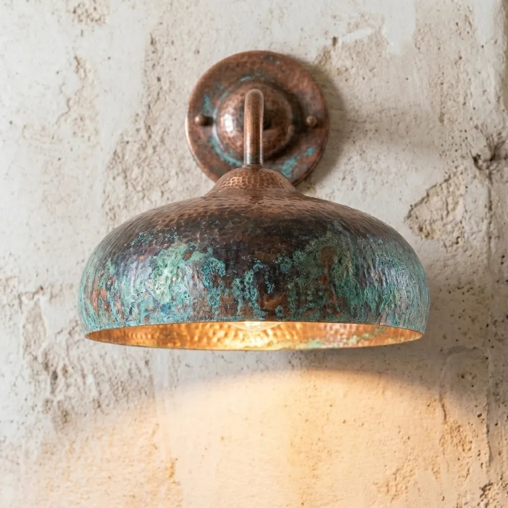 Aged Copper Gooseneck Sconce with Verdigris Dome