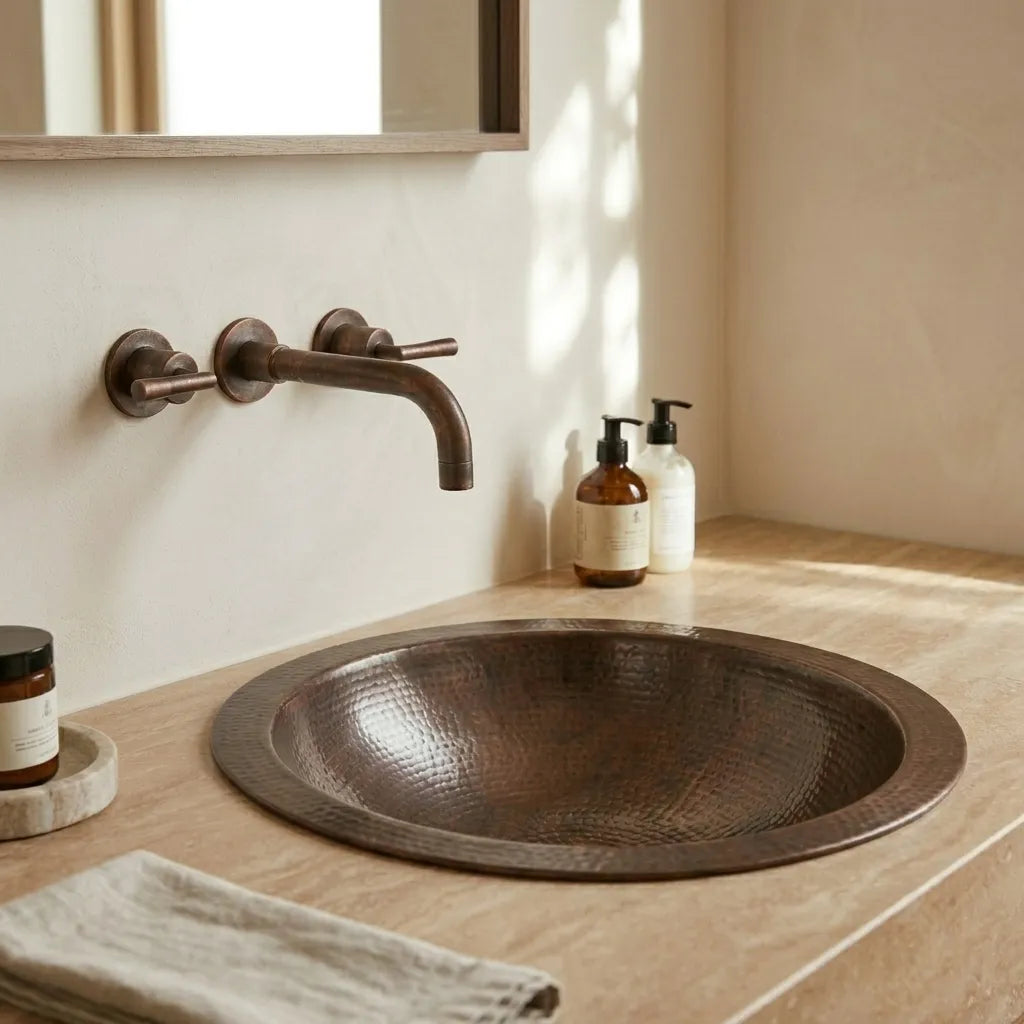 Copper Bathroom Sink Hammered Drop-In Basin – Round Vanity Sink