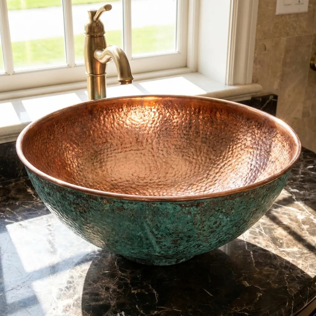 Copper Vessel Sink with Oxidized Finish – Round Hammered Bathroom Basin