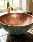 Copper Vessel Sink with Oxidized Finish – Round Hammered Bathroom Basin