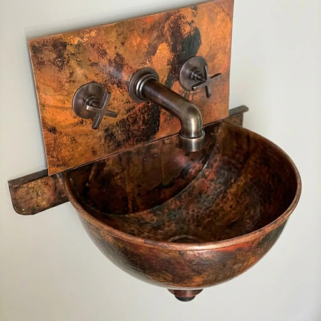 Wall Hung Copper Bathroom Sink with Faucet & Patina Finish