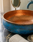 Handmade Blue Patina Copper Vessel Sink with Hammered Interior