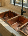 Hammered Copper Double Basin Kitchen Sink with Raised Drying Tray