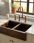 Hammered Copper Double Bowl Farmhouse Apron Kitchen Sink