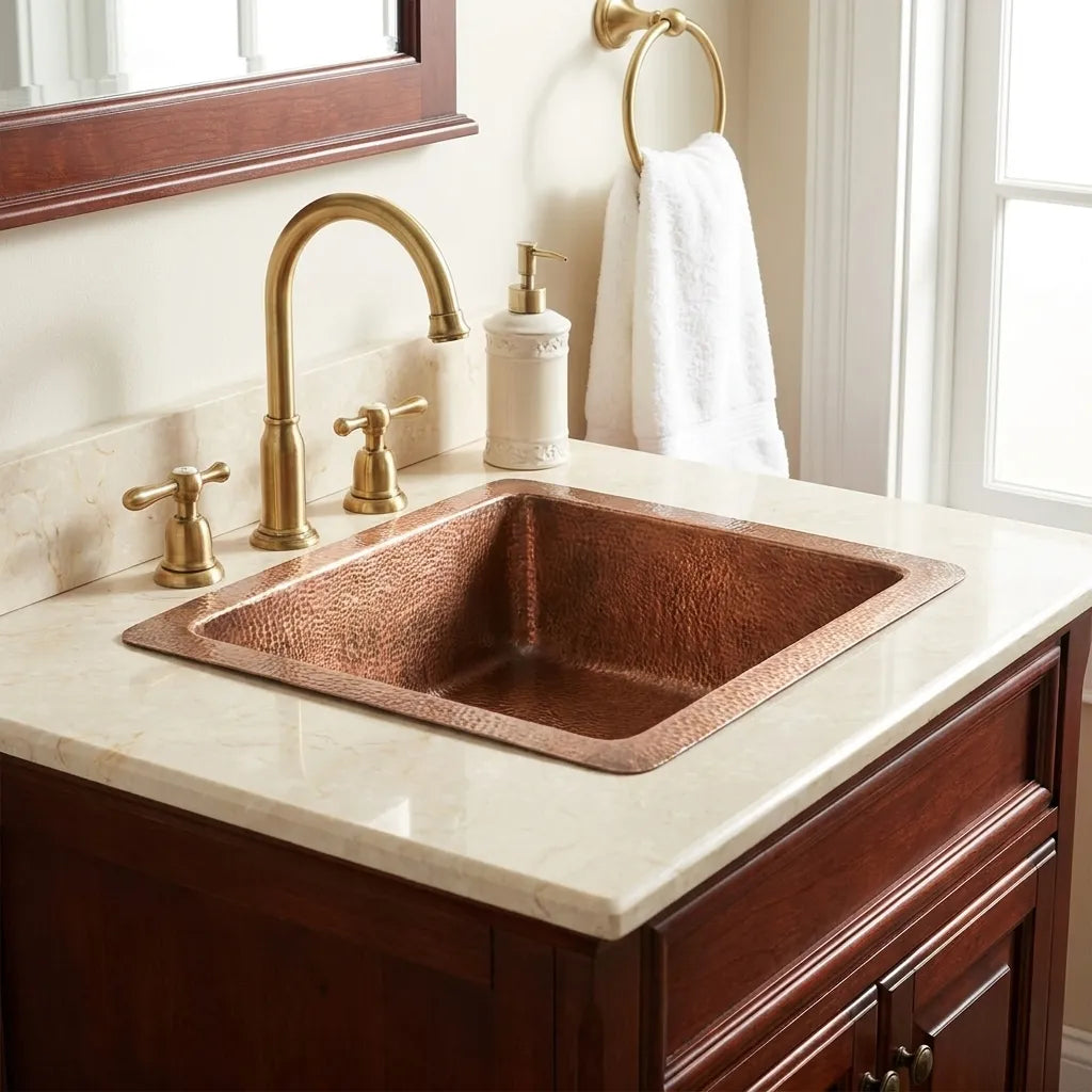 Hammered Copper Drop-In Bathroom Sink – Square Vanity Basin