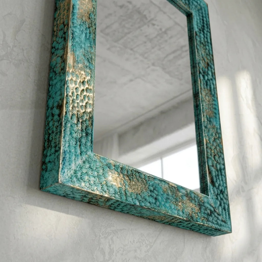 Turquoise Patina Copper Wall Mirror – Handmade Vanity Decor