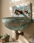 Verdigris Copper Wall Mount Sink with Vintage Cross Faucet