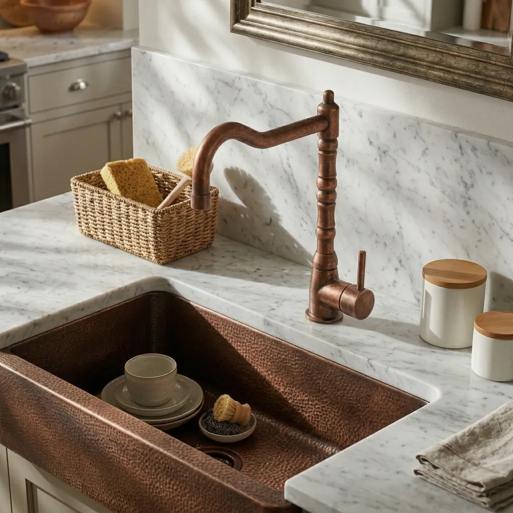 Aged Copper Kitchen Faucet with High Arc Swivel Spout