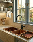 Hammered Copper Double Basin Kitchen Sink with Raised Drying Tray