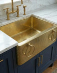 Handmade Hammered Brass Apron Front Farmhouse Kitchen Sink with Ring Handles