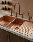 Hammered Copper Double Bowl Kitchen Sink with Built-In Drainboard