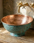 Engraved Verdigris Copper Vessel Sink – Rustic Vanity Bowl