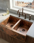 Double Bowl Hammered Copper Farmhouse Sink with Riveted Apron