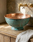 Engraved Verdigris Copper Vessel Sink – Rustic Vanity Bowl