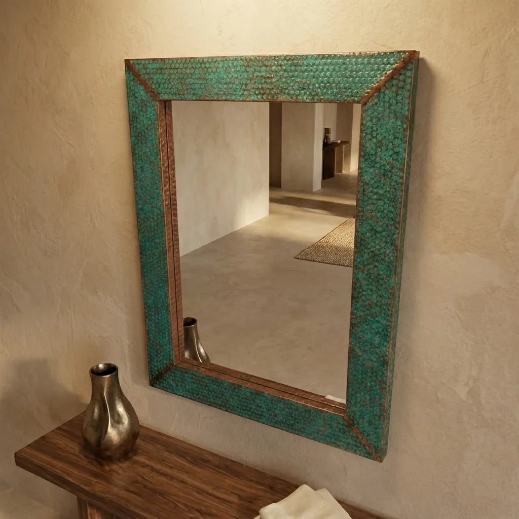 Verdigris Copper Wall Mirror – Rustic Hammered Vanity Decor