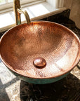 Copper Vessel Sink with Oxidized Finish – Round Hammered Bathroom Basin